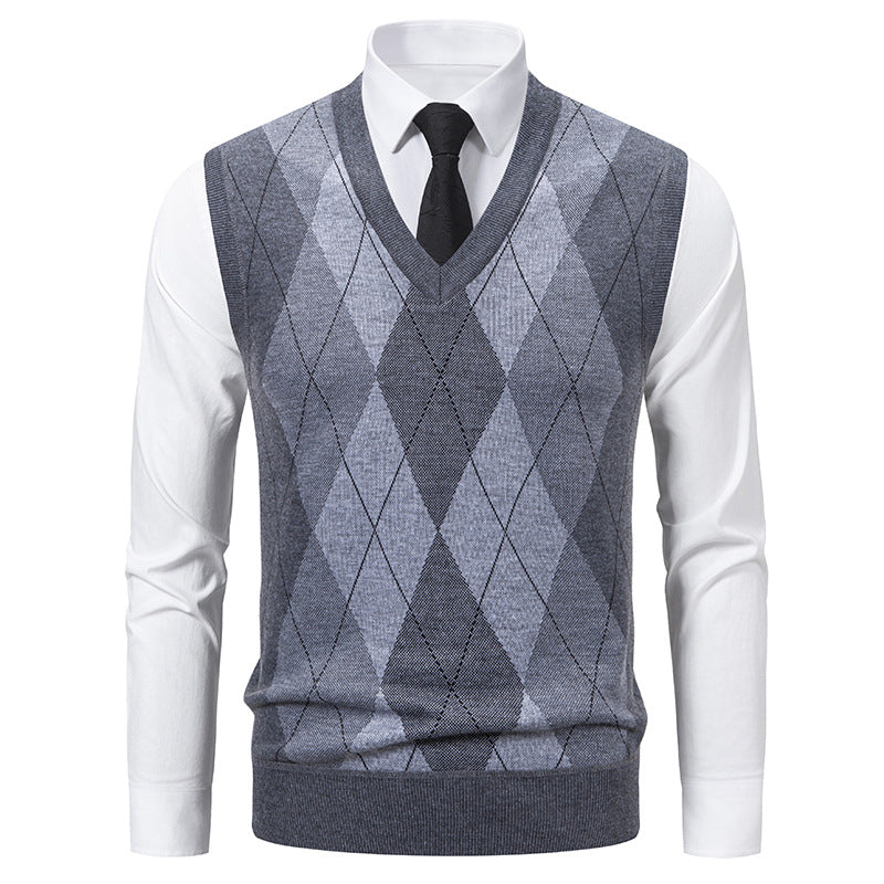 Herren V-Ausschnitt Strickpullover mit elegantem Rautenmuster EB