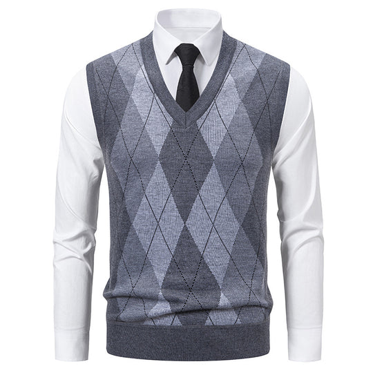 Herren V-Ausschnitt Strickpullover mit elegantem Rautenmuster EB