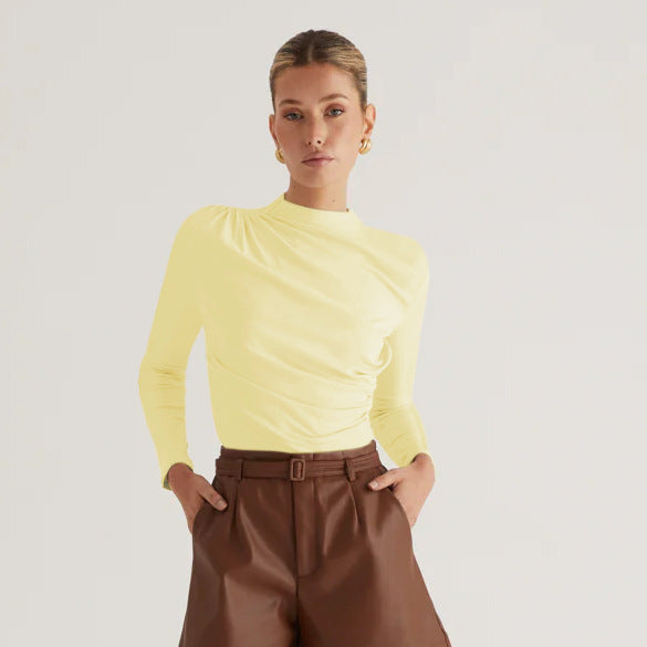 Damen Langarmshirt mit elegantem Wickeldesign und hochgeschlossenem Kragen EB