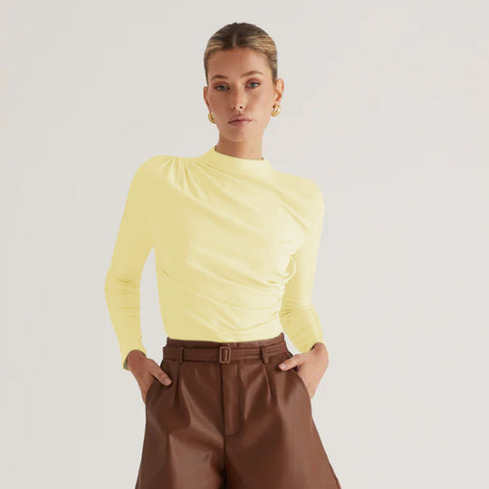 Damen Langarmshirt mit elegantem Wickeldesign und hochgeschlossenem Kragen EB