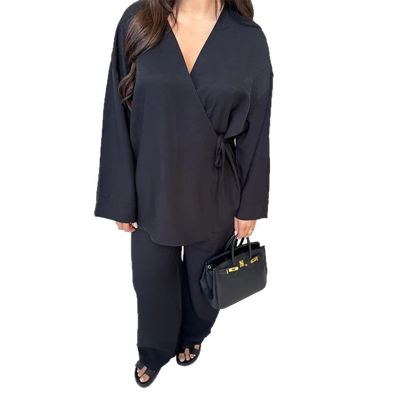Damen Leichtes Loungewear Set mit Wickeljacke und weiten Haremshosen EB