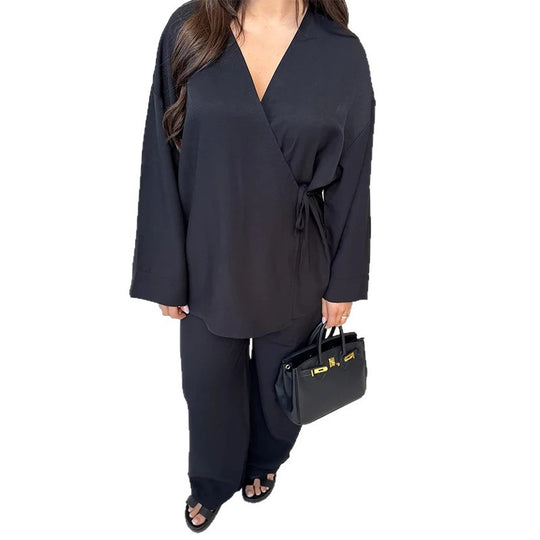 Damen Leichtes Loungewear Set mit Wickeljacke und weiten Haremshosen EB
