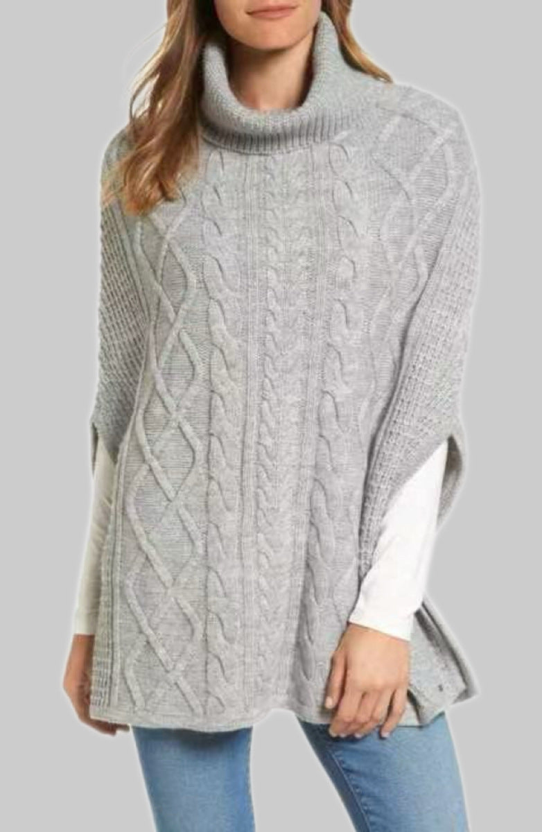 Damen Strickponcho mit hohem Kragen und klassischen Zopfmuster EB
