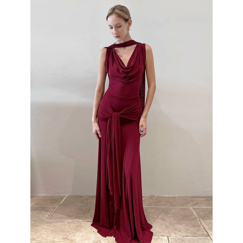 Damen schulterfreies Wickelmaxikleid mit drapiertem Oberteil und seitlichem Bindegürtel EB
