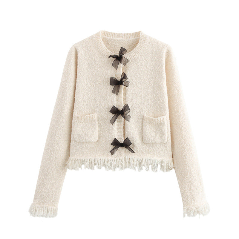 Damen Bouclé-Jacke mit eleganten Schleifen und Fransen EB