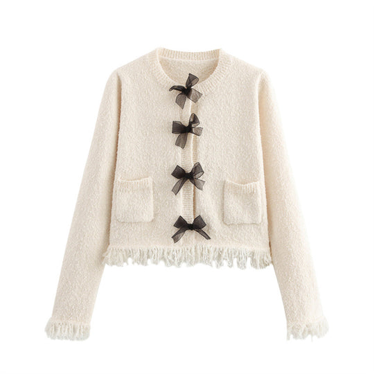 Damen Bouclé-Jacke mit eleganten Schleifen und Fransen EB