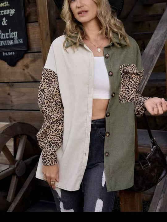 EB | Leopard-Kontrast-Button-Up-Jacke
