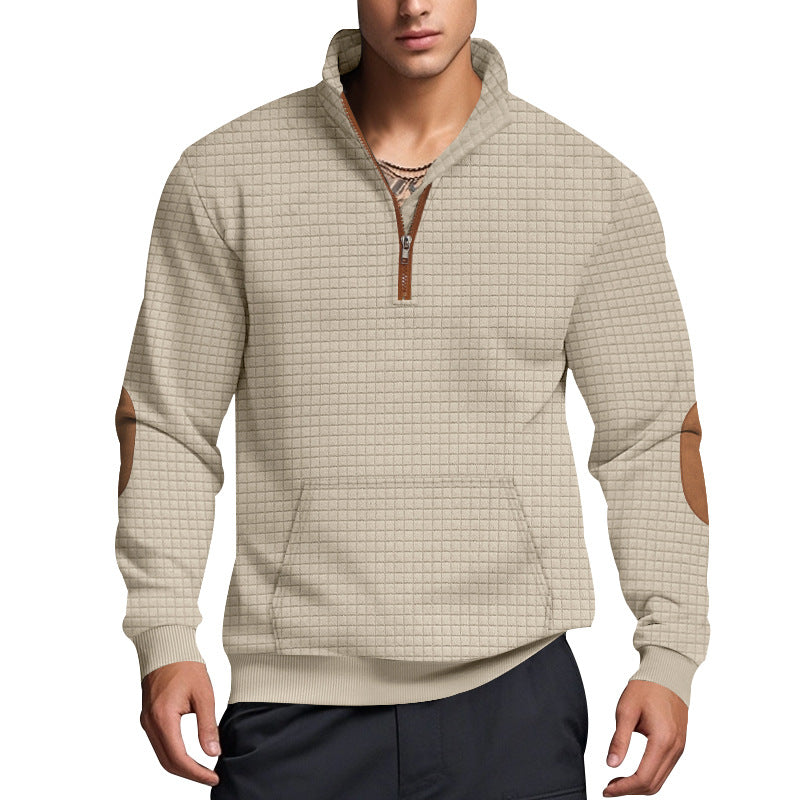 Herren nan gesteppter Halbzip Pullover mit Reißverschlusskragen und Kunstleder-Ellbogenpatches EB