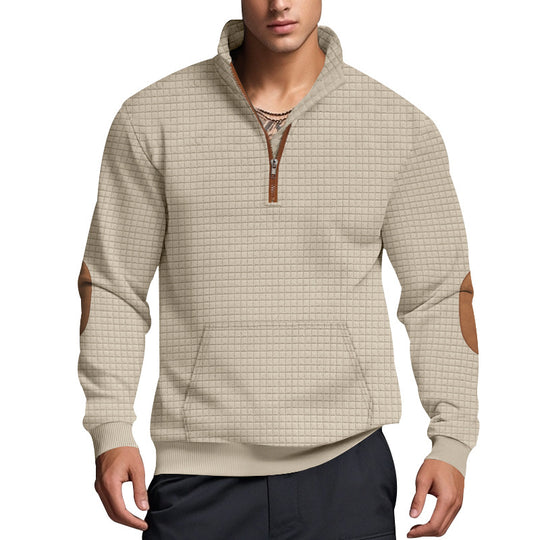 Herren nan gesteppter Halbzip Pullover mit Reißverschlusskragen und Kunstleder-Ellbogenpatches EB