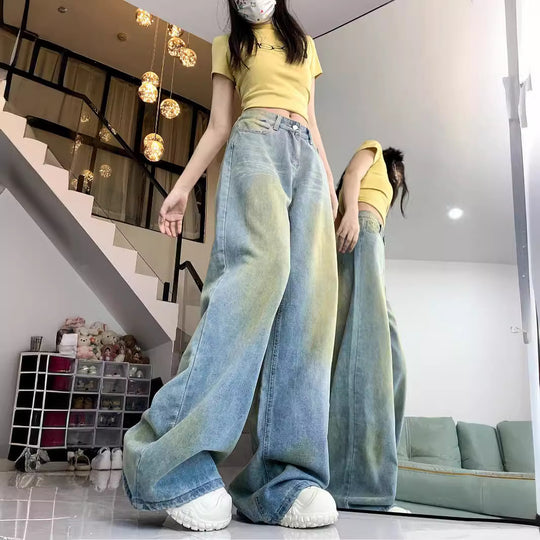 Damen weite High-Waist Jeans im lässigen Stil mit individuellen Waschungen EB