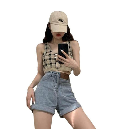 Damen Cropped Top mit Karomuster und Knopfdetail EB