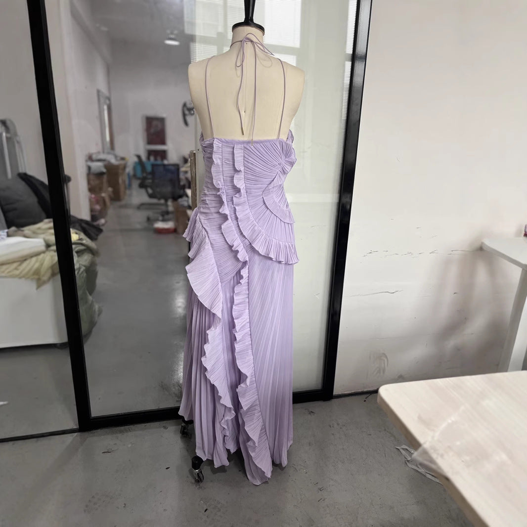 Damen Elegantes plissiertes Maxikleid mit asymmetrischem Design EB