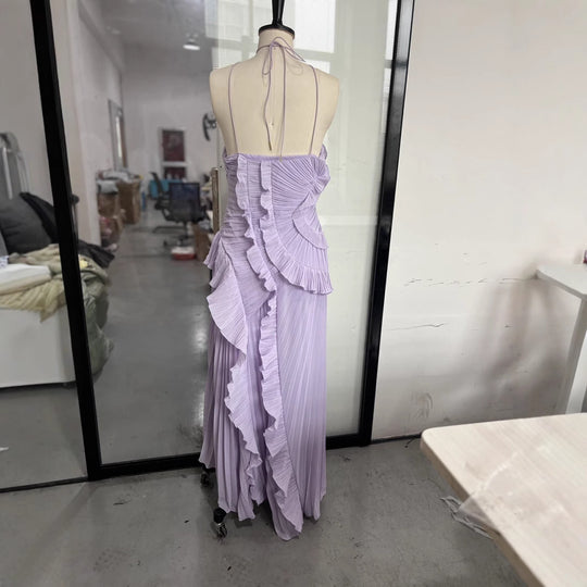 Damen Elegantes plissiertes Maxikleid mit asymmetrischem Design EB
