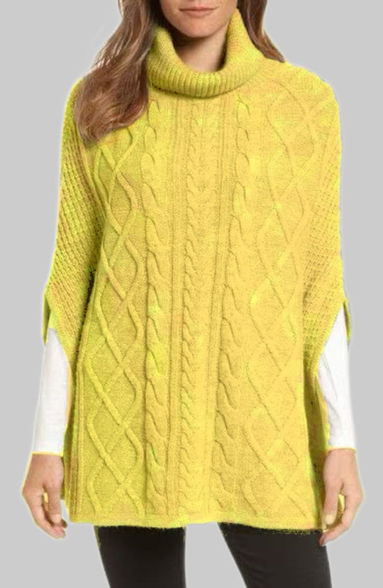 Damen Strickponcho mit hohem Kragen und klassischen Zopfmuster EB