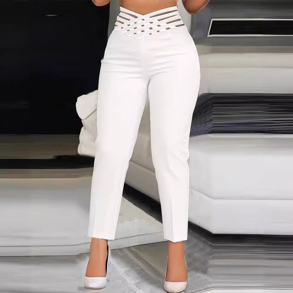 Damen stylische High-Waist Hosen mit transparentem Gitterbund EB