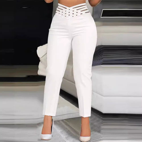 Damen stylische High-Waist Hosen mit transparentem Gitterbund EB