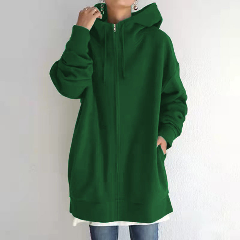 Damen nan oversized Kapuzenlongpullover mit Reißverschluss und Eingrifftaschen EB