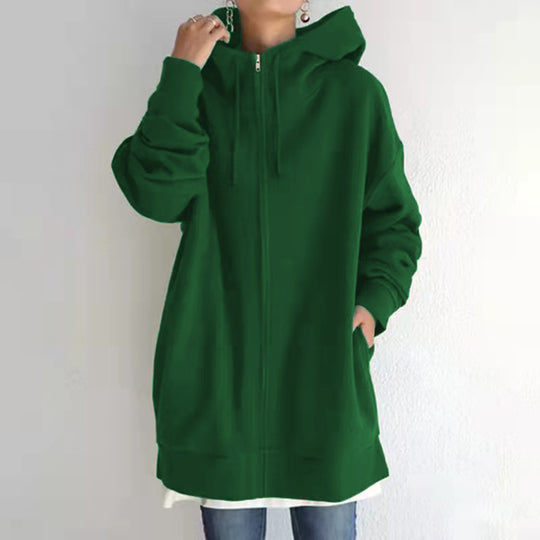 Damen nan oversized Kapuzenlongpullover mit Reißverschluss und Eingrifftaschen EB