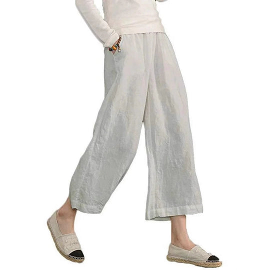 Damen weite Leinenhose mit seitlichen Taschen und elastischem Bund EB