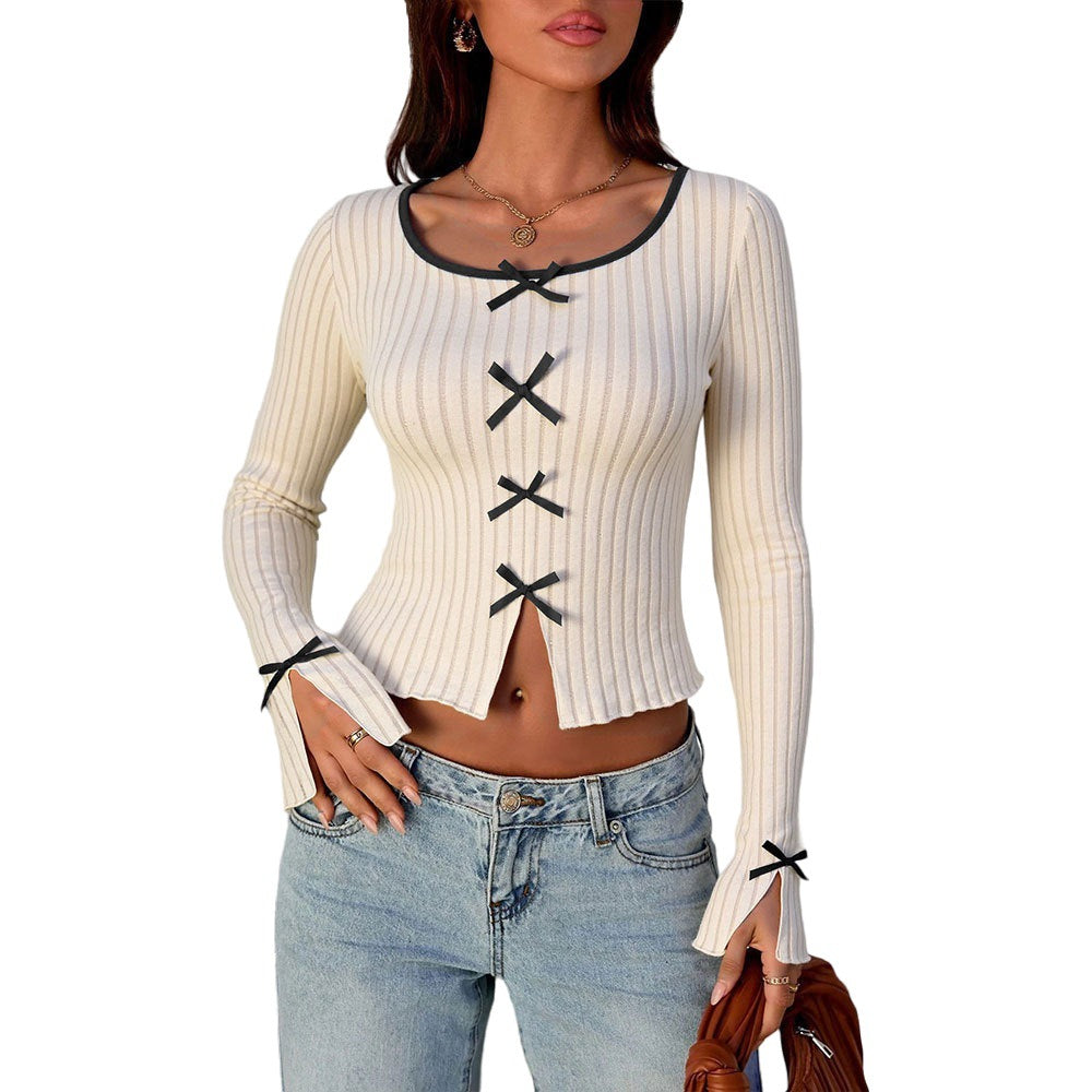 Damen geripptes Cropped-Strickjäckchen mit Zierschleifen, Wellensaum und geschlitzter Vorderpasse Eichborn Berlin