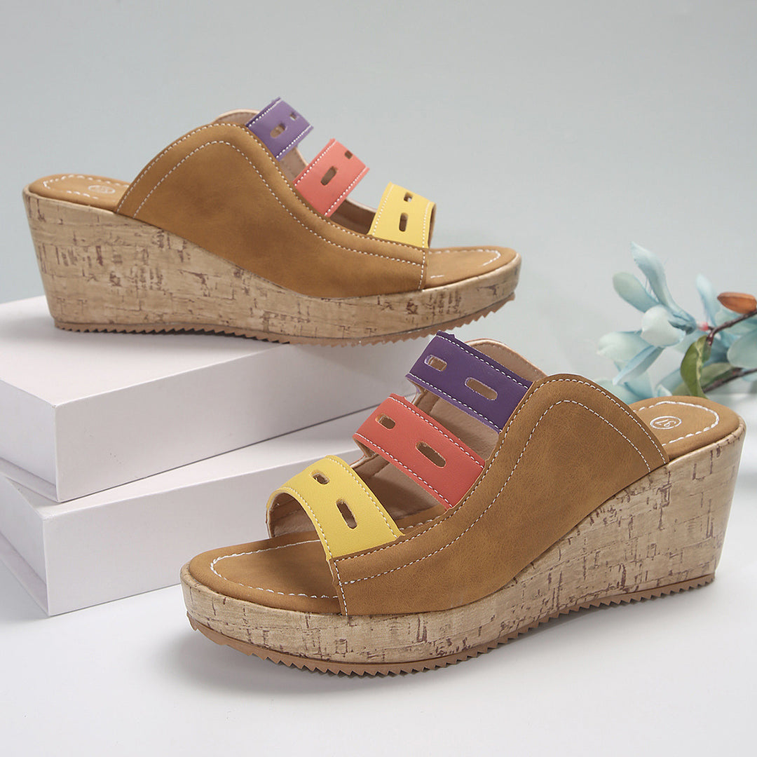 Damen modische Wedge-Pantoletten mit farbigen Trägern und komfortabler Sohle EB