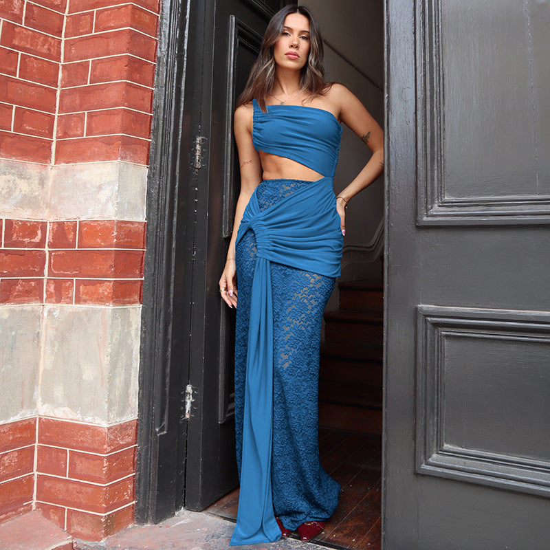 Damen Elegantes Maxikleid mit asymmetrischem Design und Spitzenverarbeitung EB