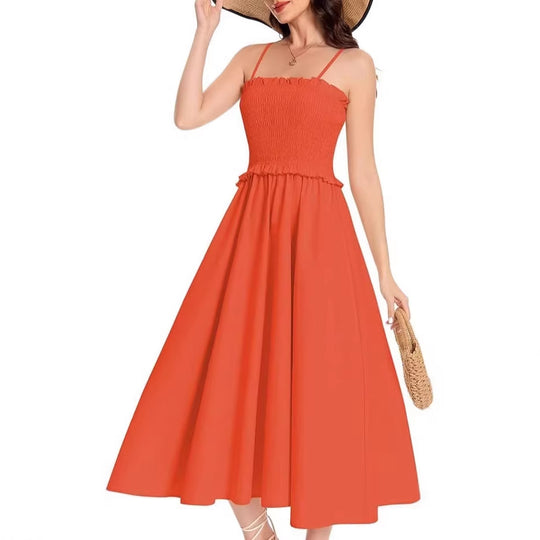 Damen Midi-Kleid mit elastischem Oberteil und weiten Rock EB