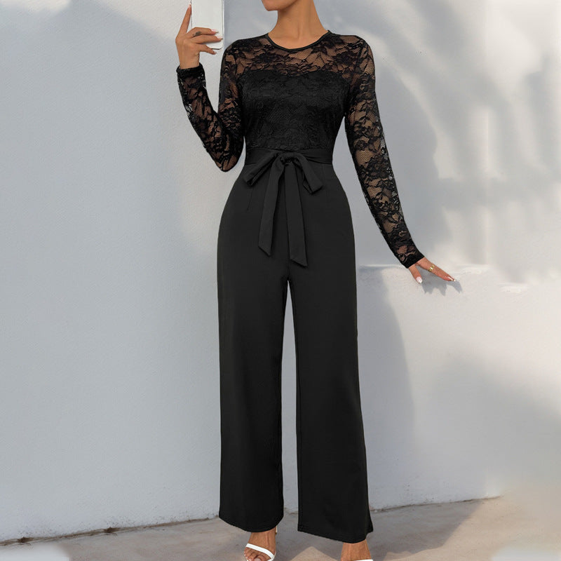 Damen Eleganter Jumpsuit mit Spitzenoberteil und tailliertem Bund EB