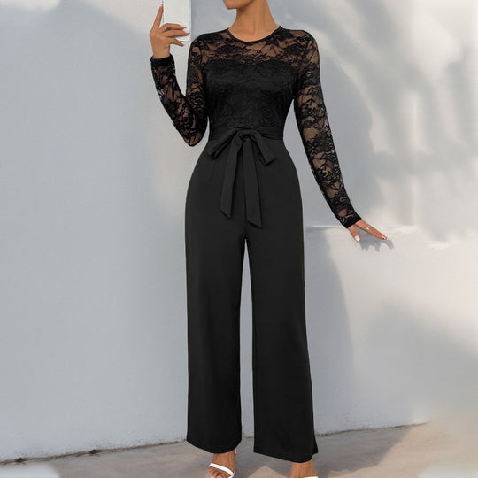 Damen Eleganter Jumpsuit mit Spitzenoberteil und tailliertem Bund EB