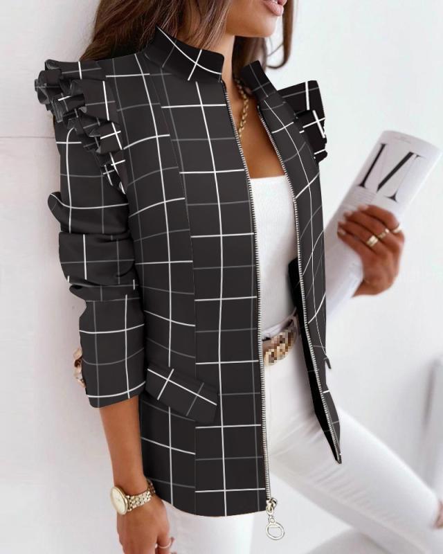 Damen nan Leo-Blouson mit Volantärmeln, Stehkragen und Zipper-Front EB