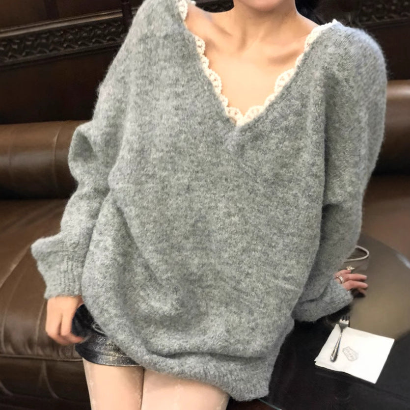 Damen Oversized Strickpullover mit V-Ausschnitt und zartem Spitzenrand EB