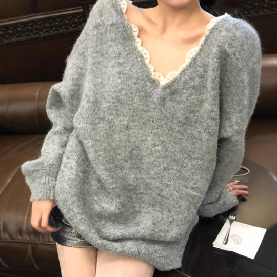 Damen Oversized Strickpullover mit V-Ausschnitt und zartem Spitzenrand EB