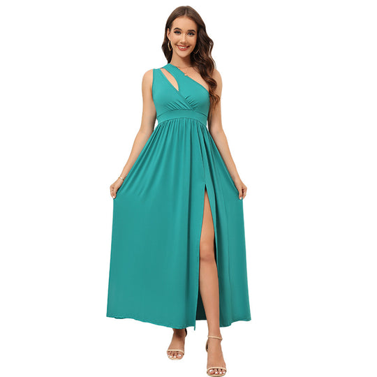 Damen Elegantes Maxikleid mit asymmetrischem Ausschnitt und hohem Schlitz EB