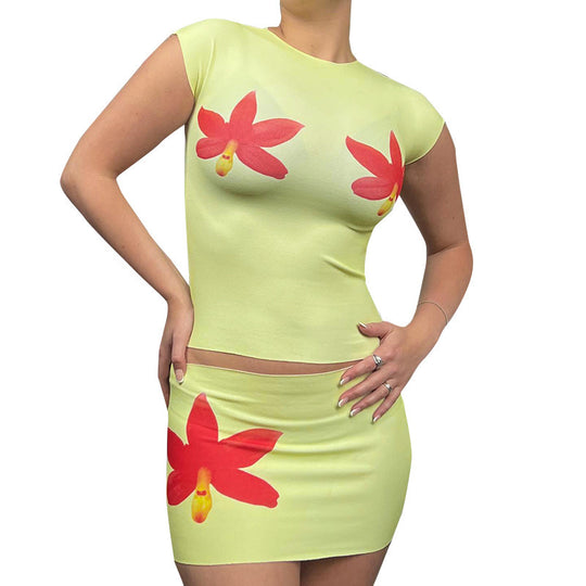 Damen modisches Oberteil und Rock Set mit floralem Design EB
