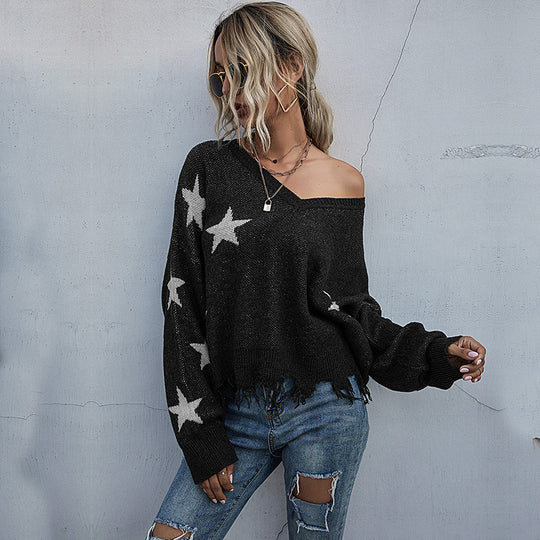 Damen lässiger Strickpullover mit asymmetrischem Schnitt und Sternenmuster EB