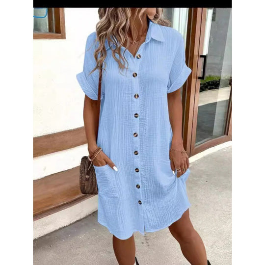 Damen lässiges Freizeitkleid mit Knopfleiste und Taschen EB