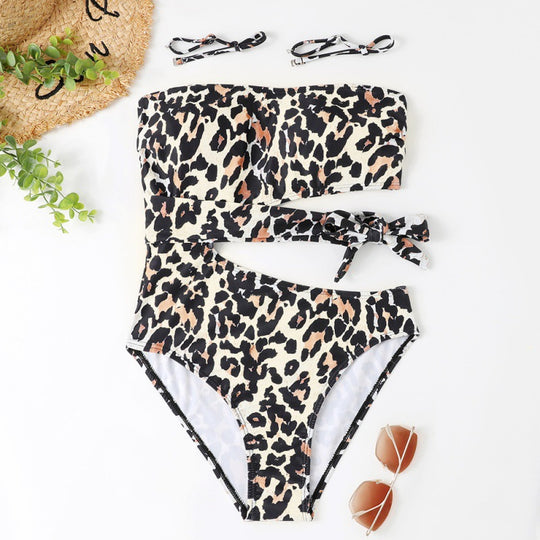 Damen Bandeau Bikini mit asymmetrischem Schnitt und modischem Animal-Print EB