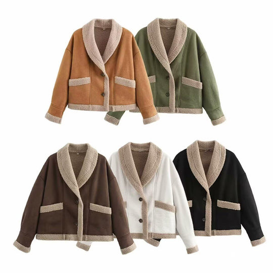 Damen kuschelige Oversized-Jacke mit elegantem Schalkragen und praktischen Taschen EB