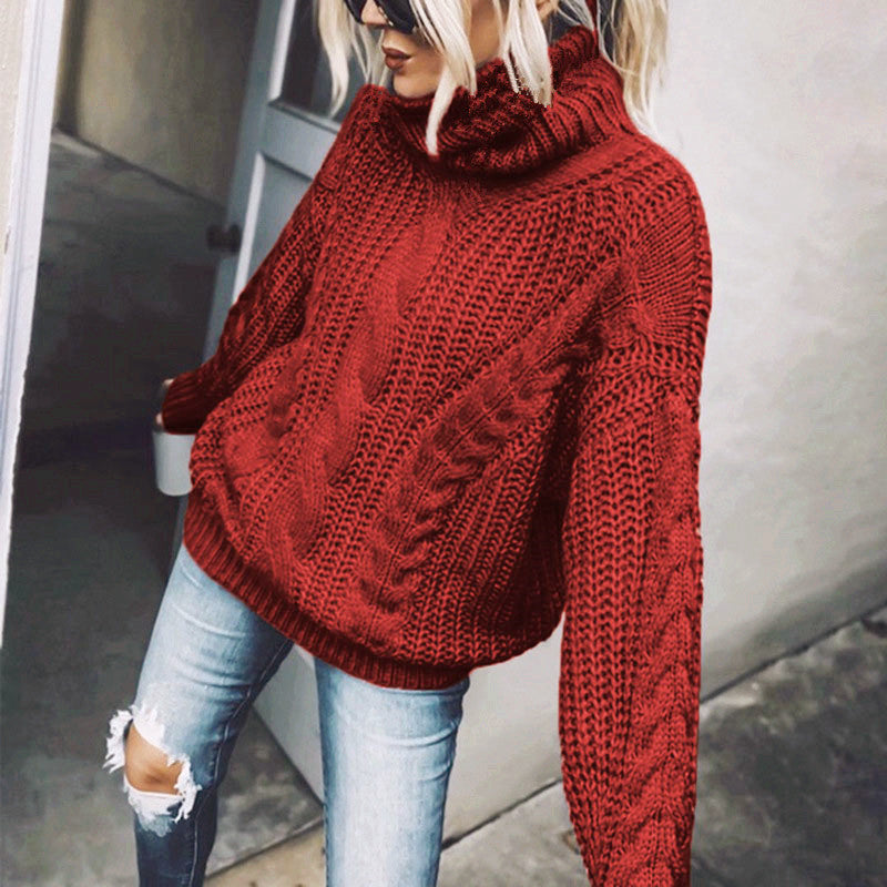 Damen nan Oversized Strickpullover mit grobem Zopfmuster und Rollkragen EB