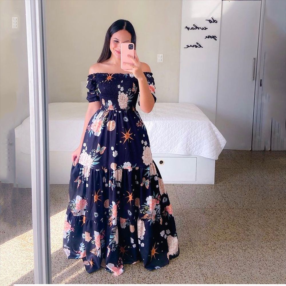 Damen Boho Maxikleid mit bezauberndem Mond- und Sternen-Motiv EB