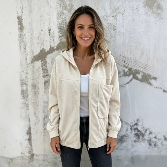 Damen nan Feincord-Übergangsjacke mit Kapuze, Reißverschluss, elastischen Bündchen und seitlichen Eingrifftaschen EB