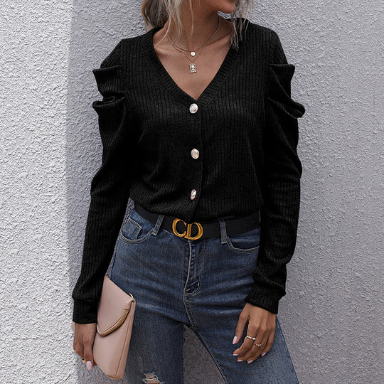 Damen Strickjacke mit dekorativen Puffärmeln und knöpfbarem V-Ausschnitt EB