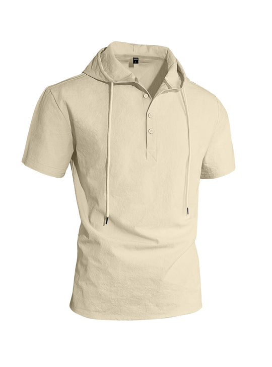 Herren nan kurzärmeliges Kapuzen-Henley aus Slub-Baumwolle mit verdeckter Knopfleiste und Kordelzug EB