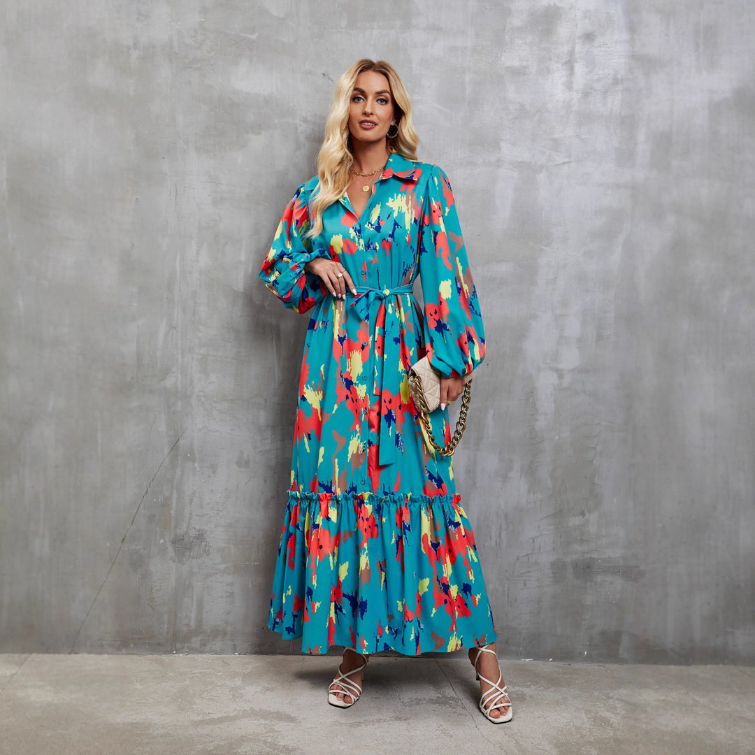 Damen Maxikleid mit farbenfrohem Floral-Design und elegantem Taillengürtel EB