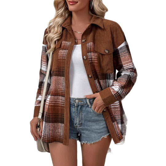 Damen Karierte Hemdjacke mit Cordbesatz und Oversize-Schnitt EB