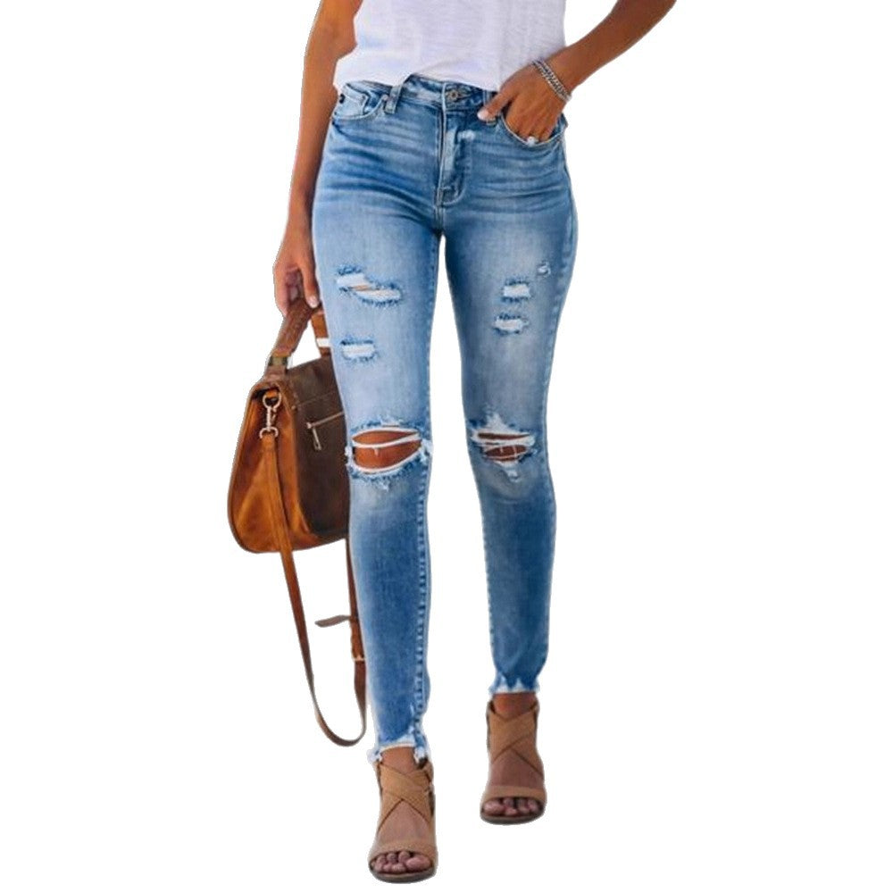 Damen Skinny Jeans mit modischen Rissen und hoher Taille EB
