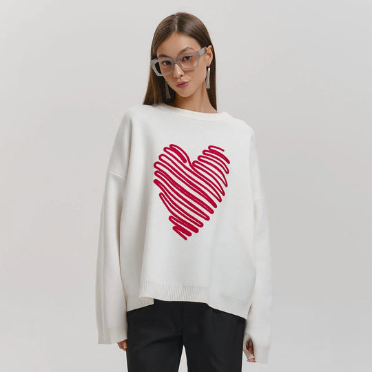 Damen Oversized Pullover mit Herzmuster EB