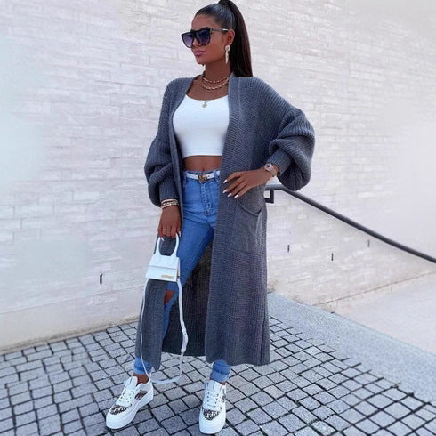 Damen Langer Strickcardigan mit weiten Ärmeln und praktischen Taschen EB