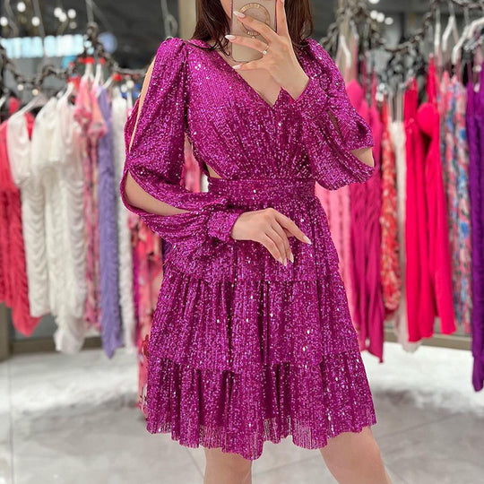 Damen festliches Mini-Kleid mit funkelnden Pailletten und voluminösen Ärmeln EB