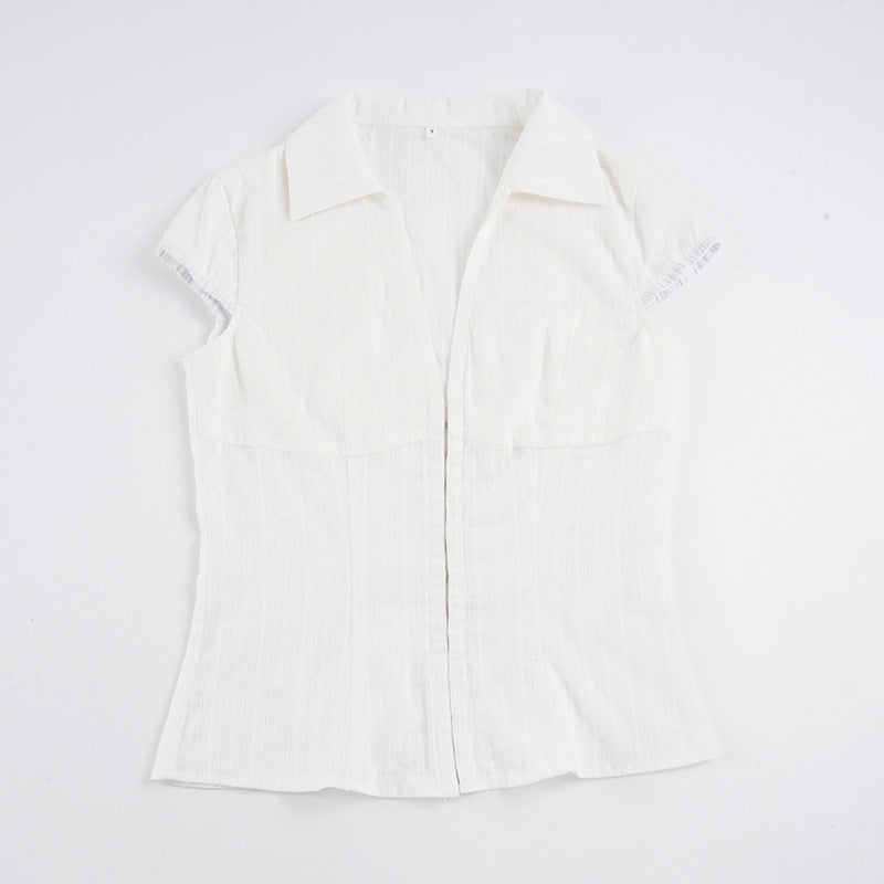 Damen Elegantes kurzärmliges Blusenshirt mit schickem Stehkragen und Reißverschluss EB